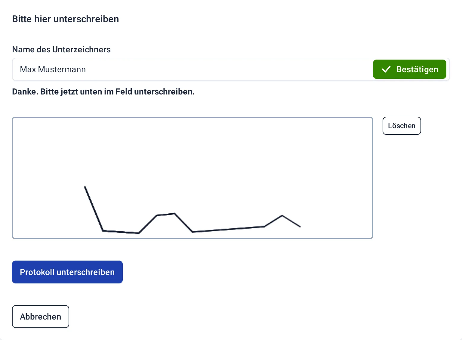 Unterschriftsfeld für das Reifenprotokoll mit Name des Unterzeichners