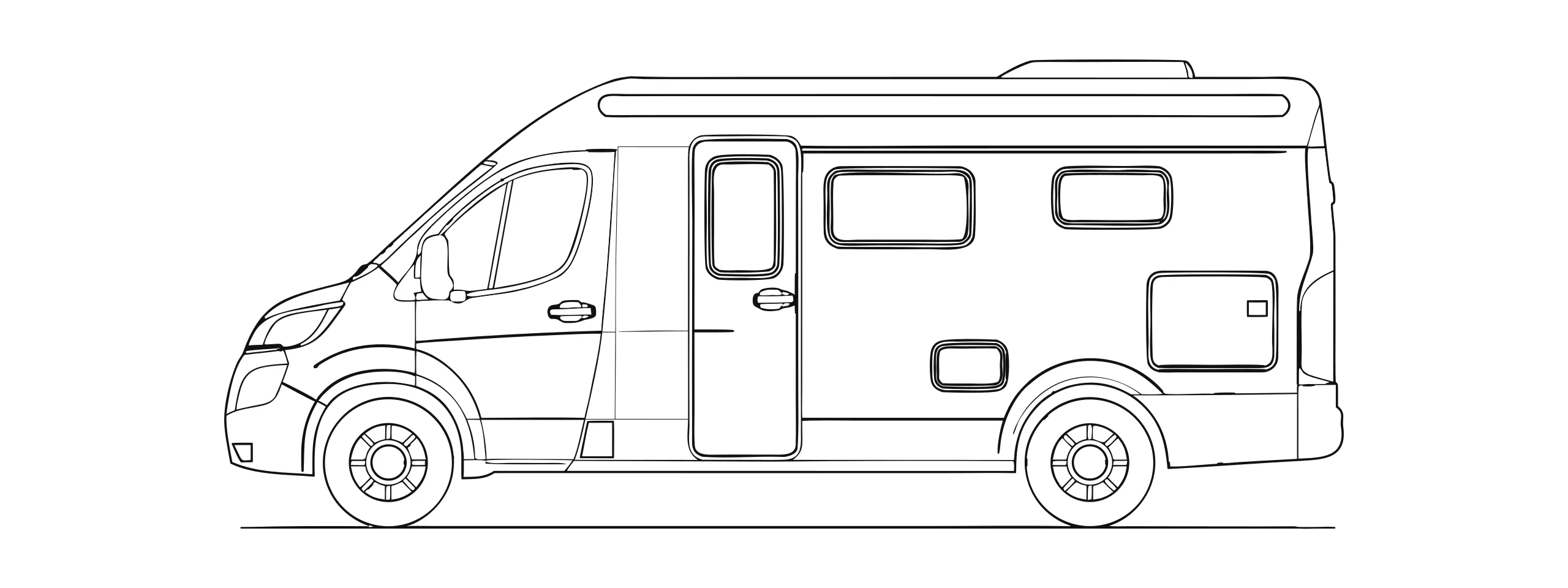 Strichzeichnung eines teilintegrierten Wohnmobils von der Seite