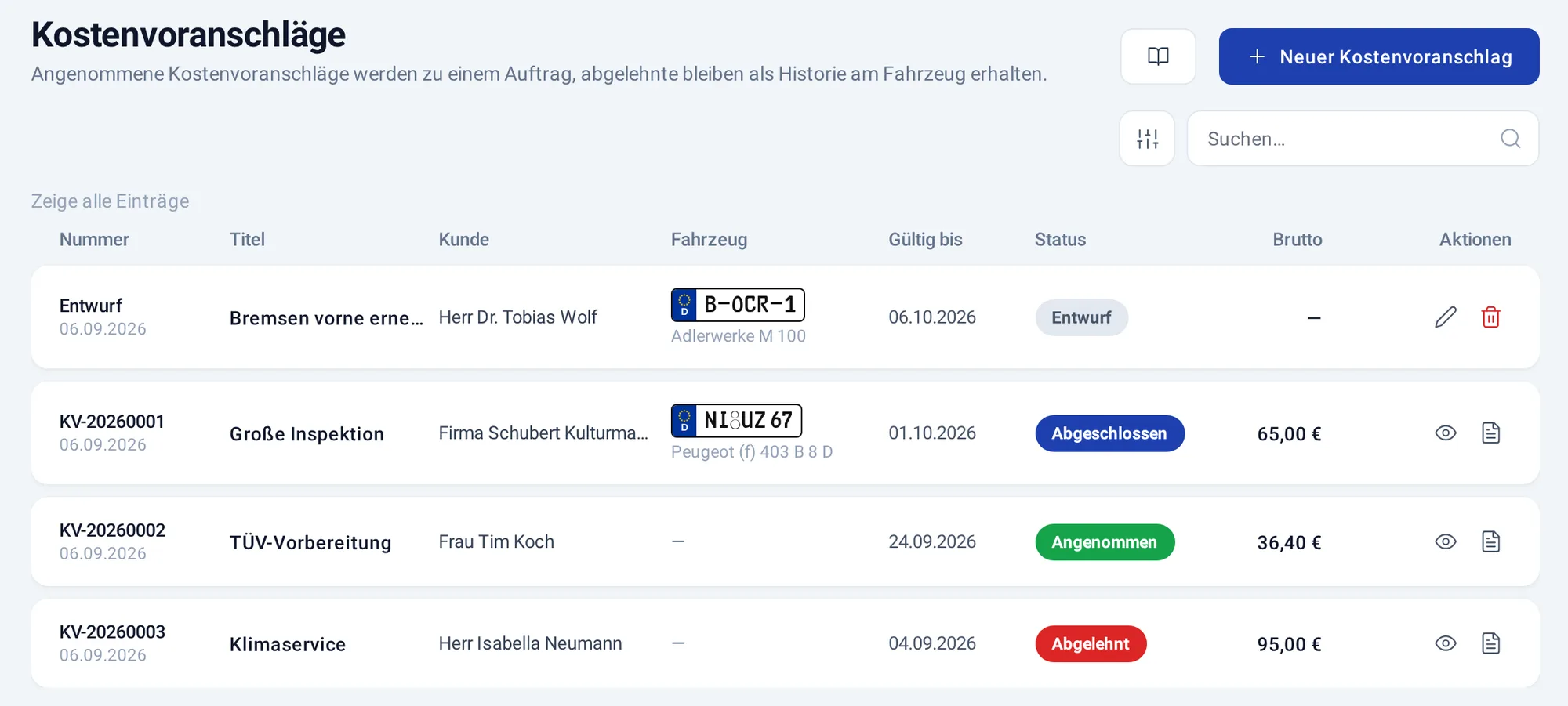 Liste der Kostenvoranschläge mit den Status Entwurf, Abgeschlossen, Angenommen und Abgelehnt