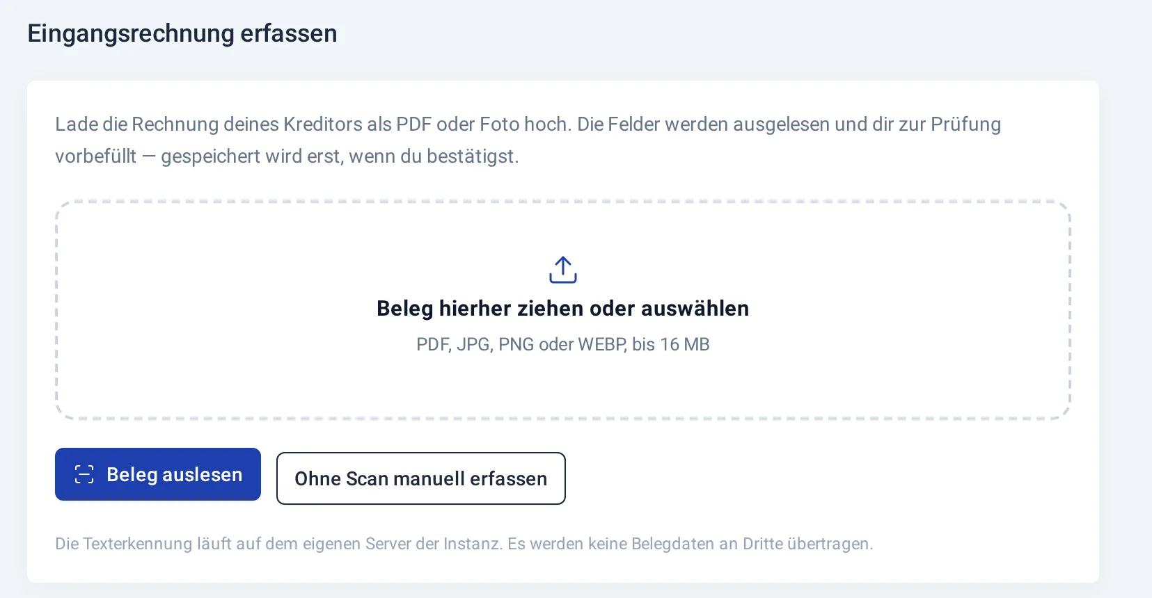 Maske „Eingangsrechnung erfassen“ mit Upload-Feld für PDF oder Foto und Schaltfläche „Beleg auslesen“