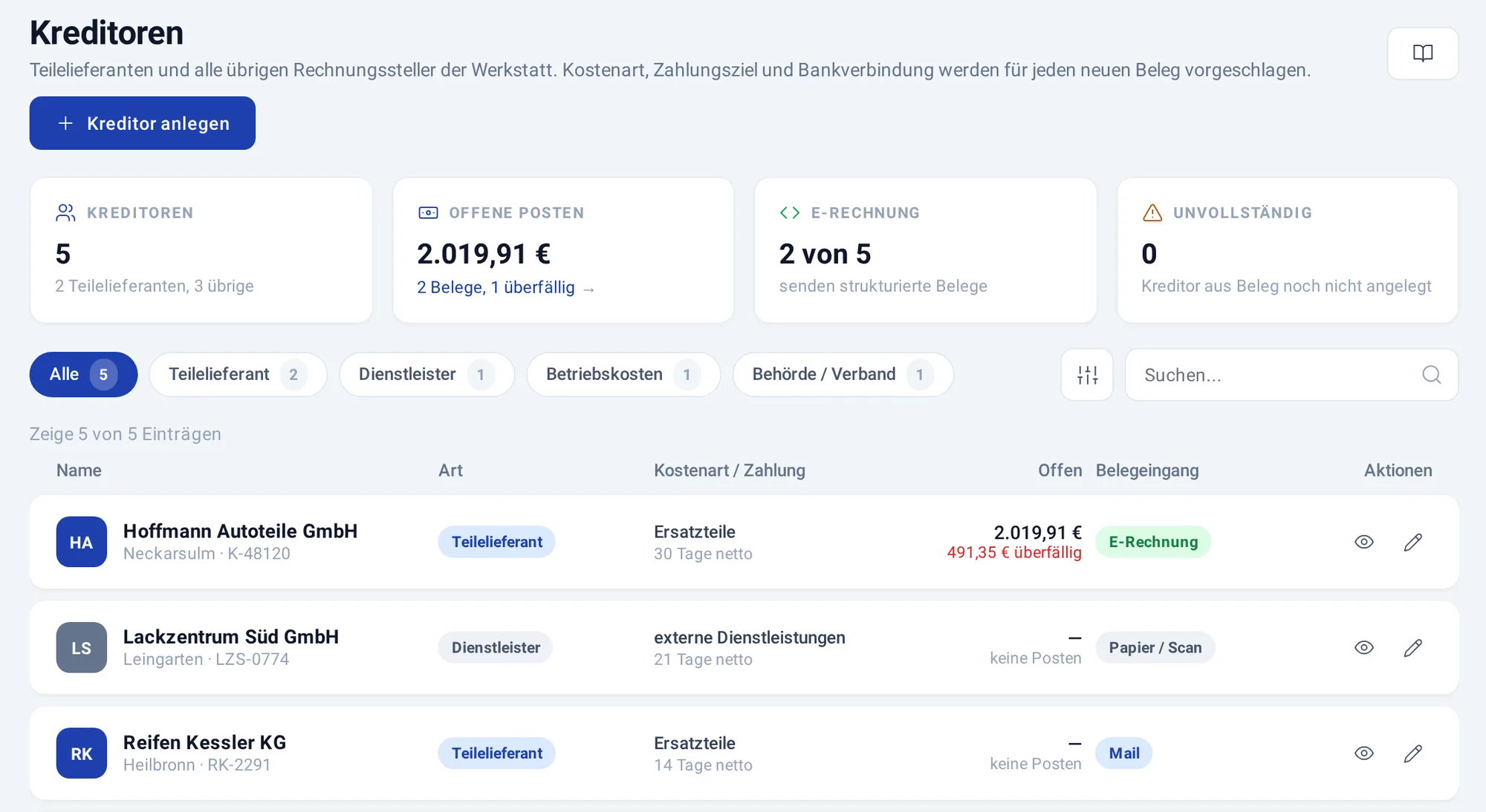 Kreditorenliste mit drei Lieferanten, Kennzahlen zu offenen Posten und E-Rechnungen darüber