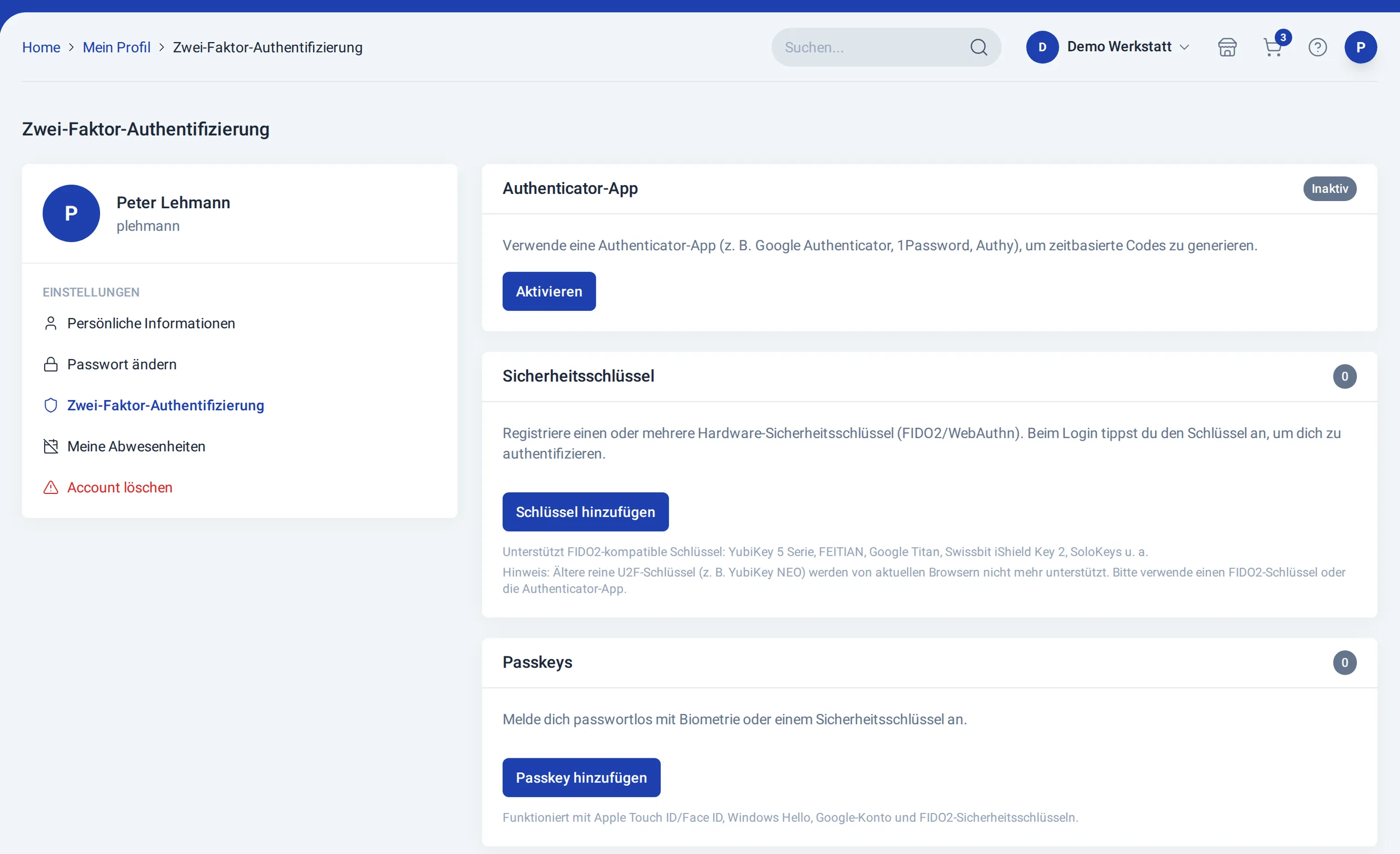 Sicherheitseinstellungen mit den Bereichen Authenticator-App, Sicherheitsschlüssel und Passkeys