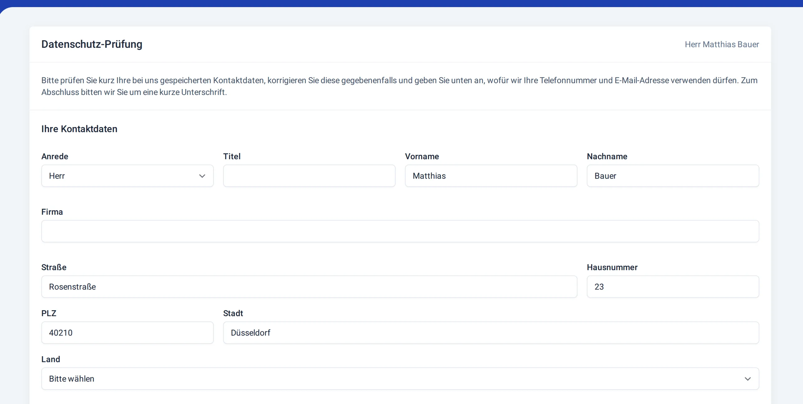 Formular „Datenschutz-Prüfung“ mit Hinweistext und den gespeicherten Kontaktdaten des Kunden