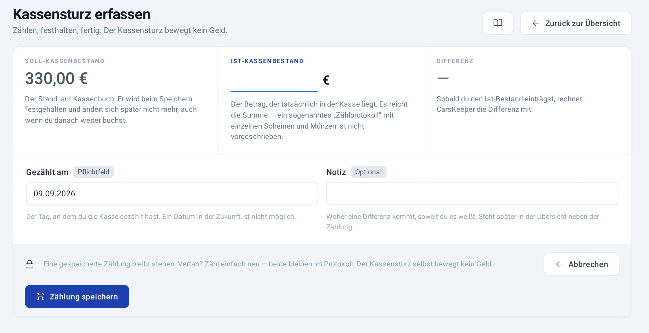 Formular „Kassensturz erfassen“ mit Soll-Bestand 330,00 €, Feld für den Ist-Bestand und Differenz