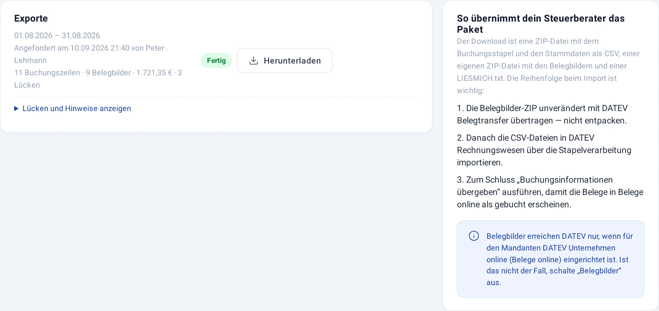 Liste der DATEV-Exporte mit Download-Schaltfläche und drei Import-Schritten für den Steuerberater