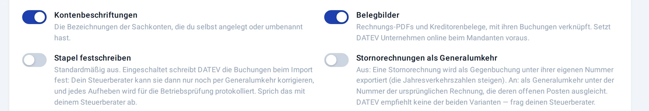 Vier Exportoptionen als Schalter, darunter Belegbilder und Stapel festschreiben