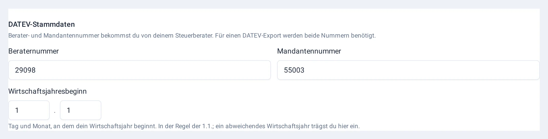 Eingabefelder für Beraternummer, Mandantennummer und Beginn des Wirtschaftsjahres
