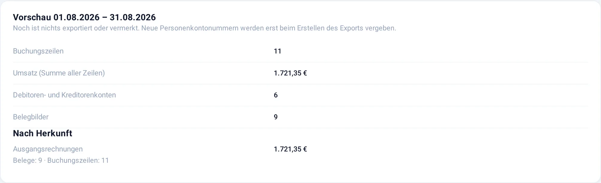Exportvorschau mit Anzahl der Buchungszeilen, Umsatz, Konten und Belegbildern