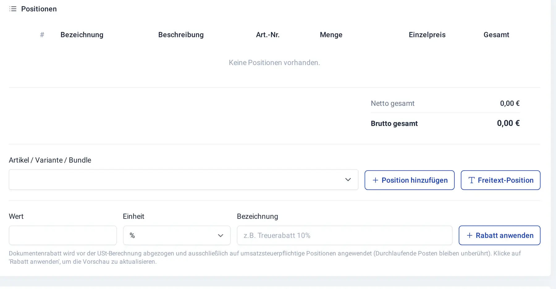 Positionstabelle eines Kostenvoranschlags mit Netto- und Bruttosumme und Schaltfläche „Rabatt anwenden“