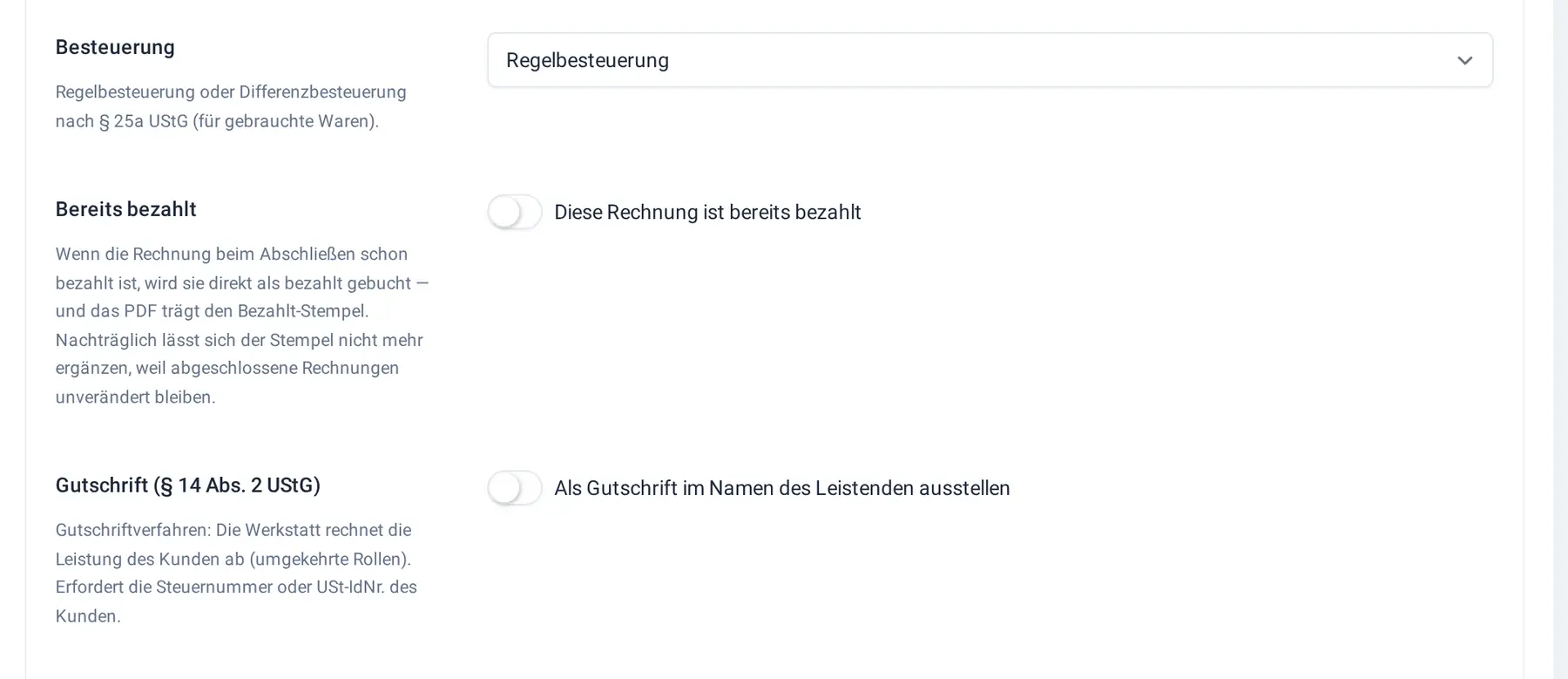Rechnungsentwurf mit Auswahl der Besteuerung und zwei Schaltern für „bereits bezahlt“ und Gutschrift