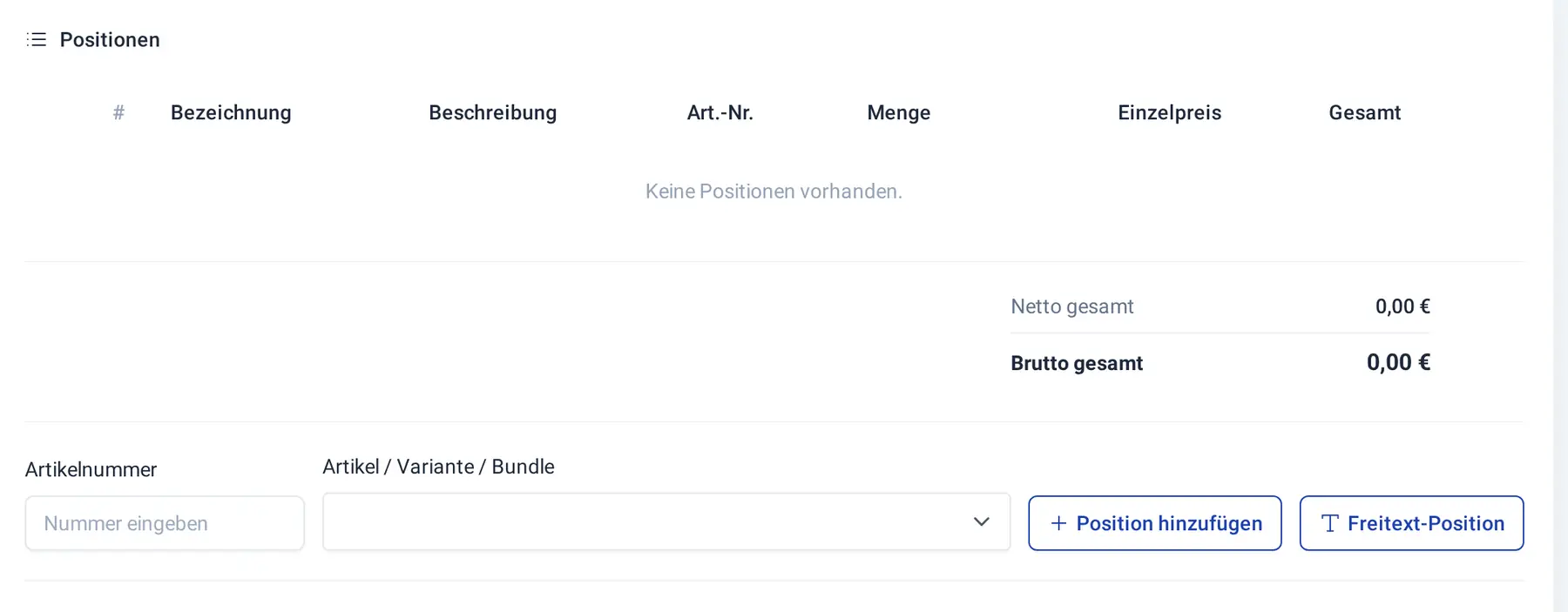 Positionstabelle einer Rechnung mit Feld „Artikelnummer“ und Schaltfläche „Freitext-Position“