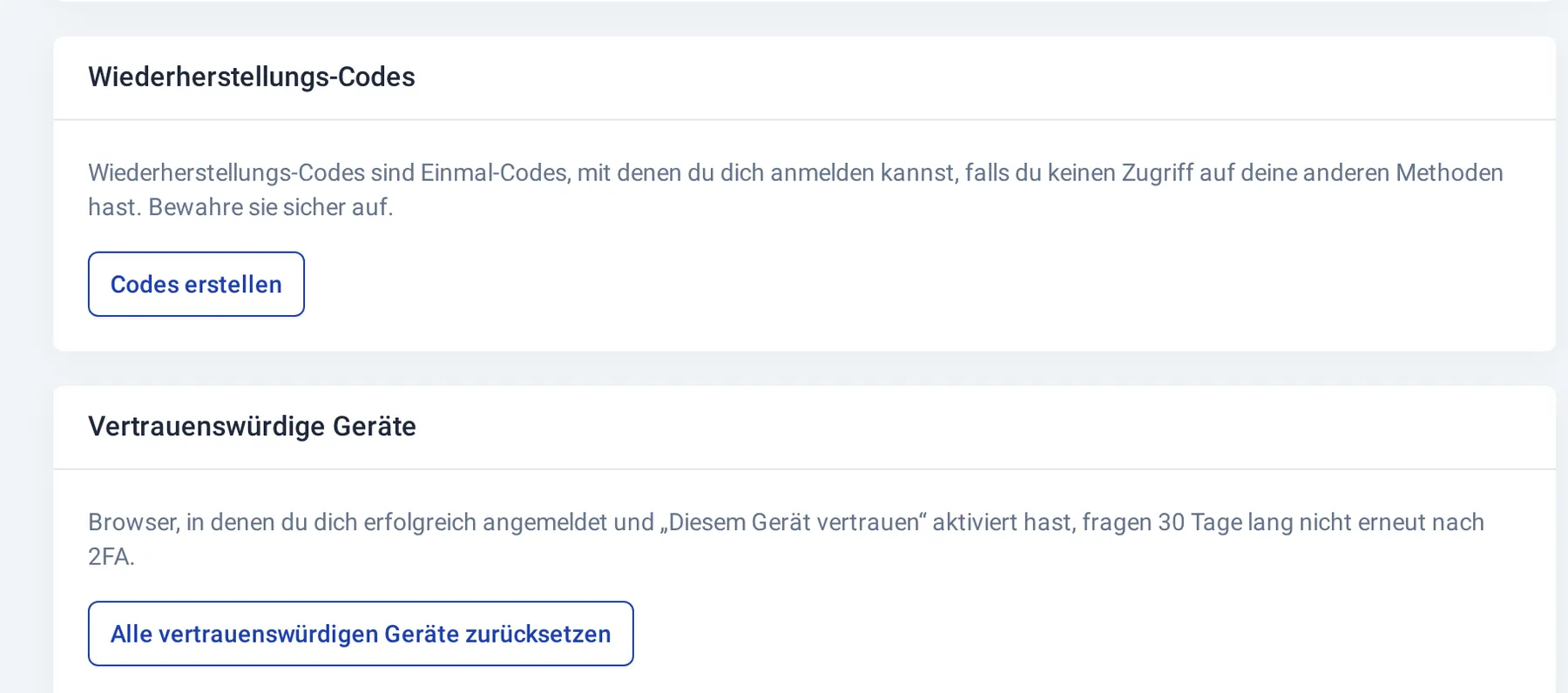 Bereiche „Wiederherstellungs-Codes“ und „Vertrauenswürdige Geräte“ in den Sicherheitseinstellungen
