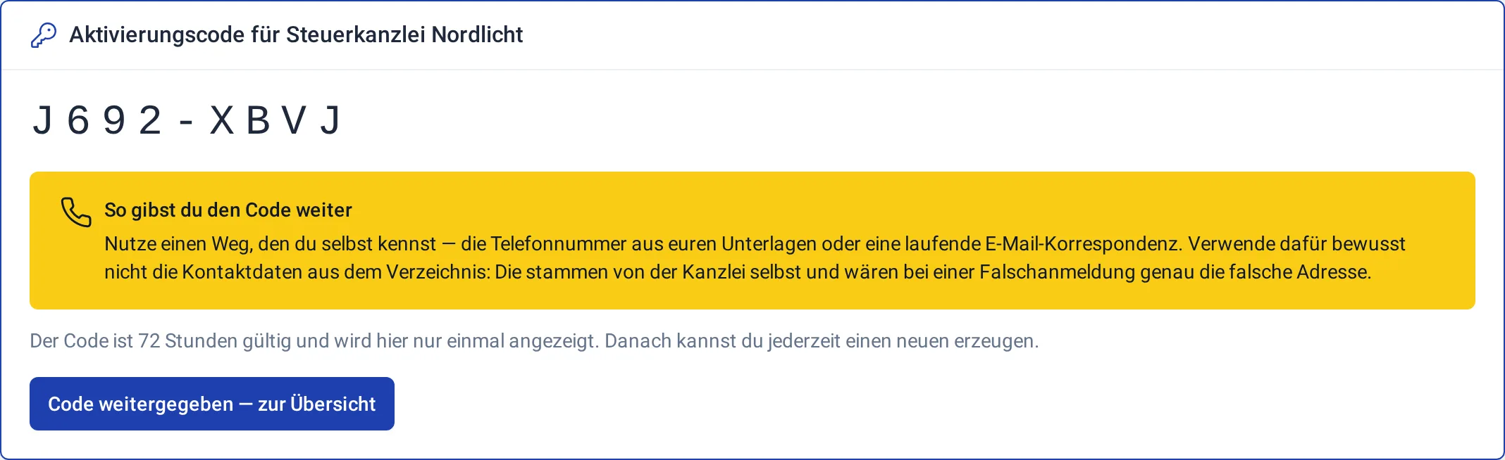 Aktivierungscode für einen Steuerberater mit dem Hinweis zur Weitergabe