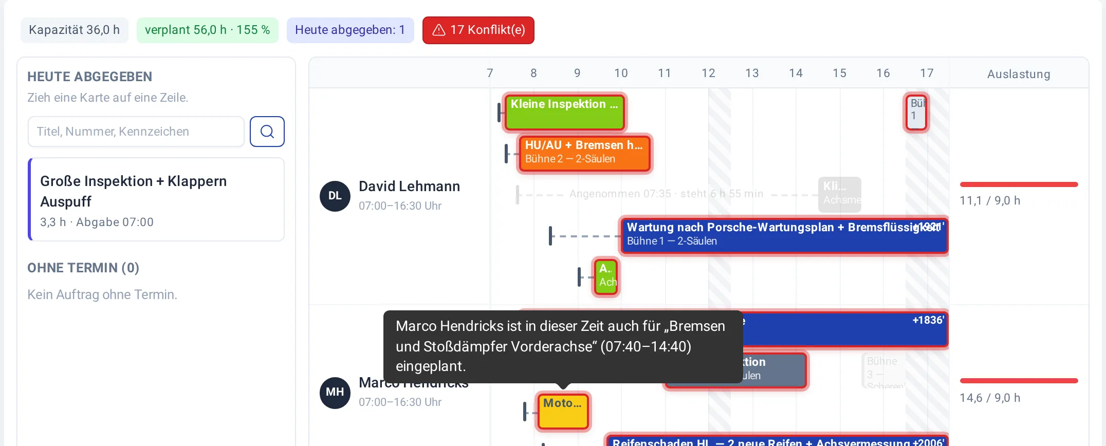Plantafel mit rot umrandeten Blöcken und Tooltip, der eine Doppelbelegung erklärt