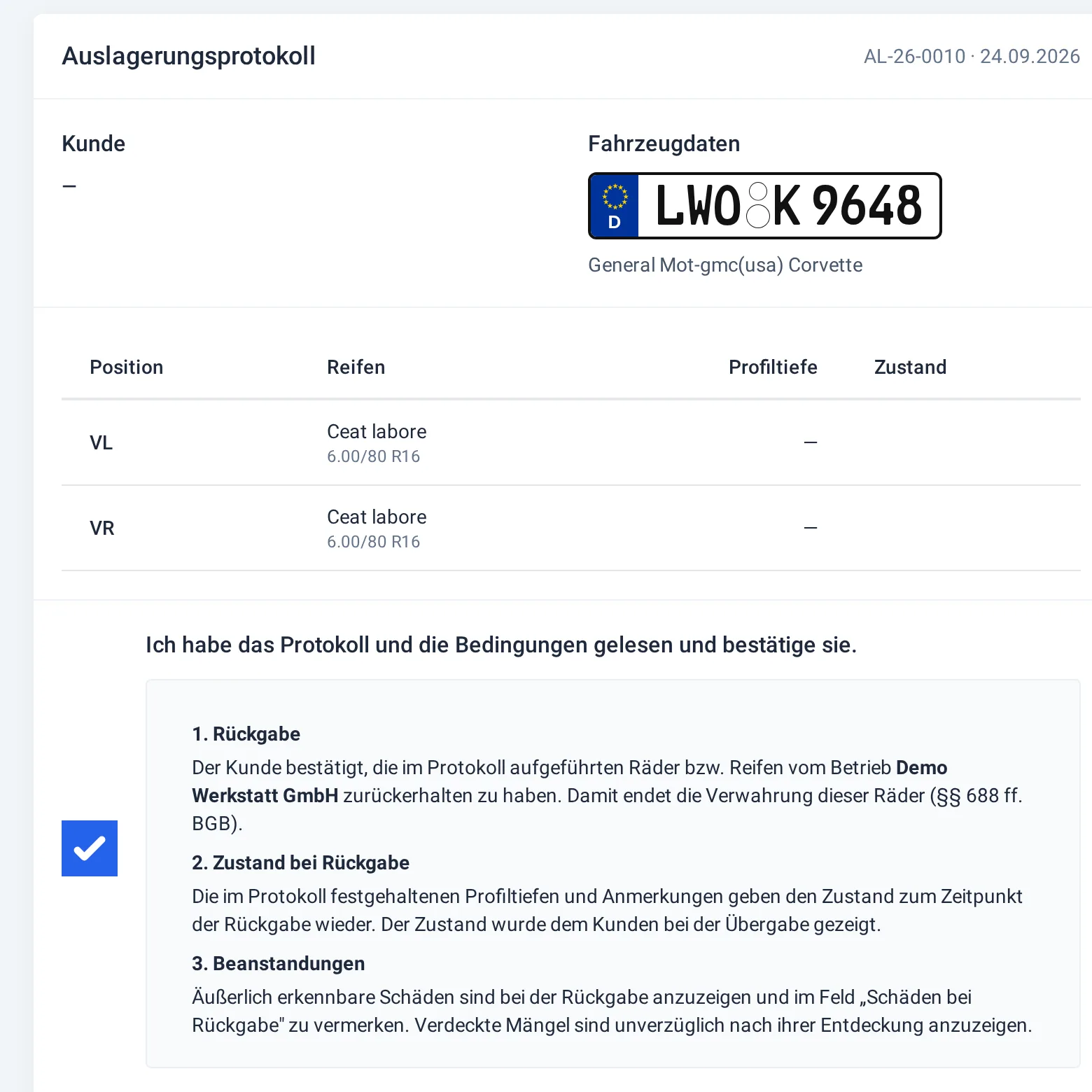 Unterschriftsseite eines Auslagerungsprotokolls mit Rädern, Bedingungen und bestätigtem Haken