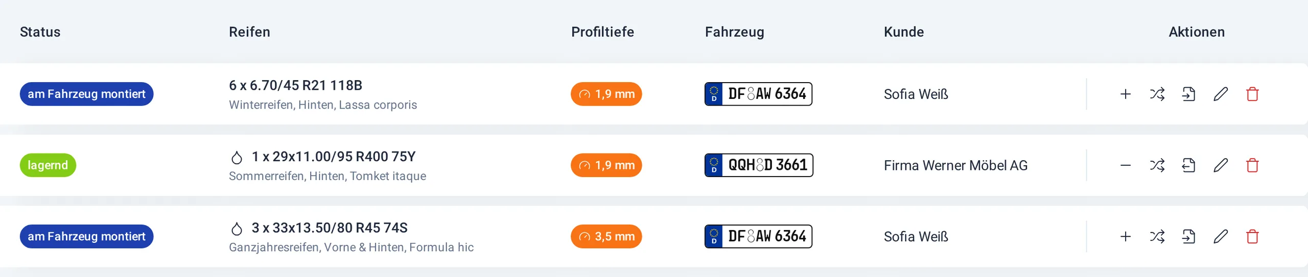 Reifenliste mit drei Sätzen, Status, Profiltiefe in Orange, Kennzeichen und Kunde