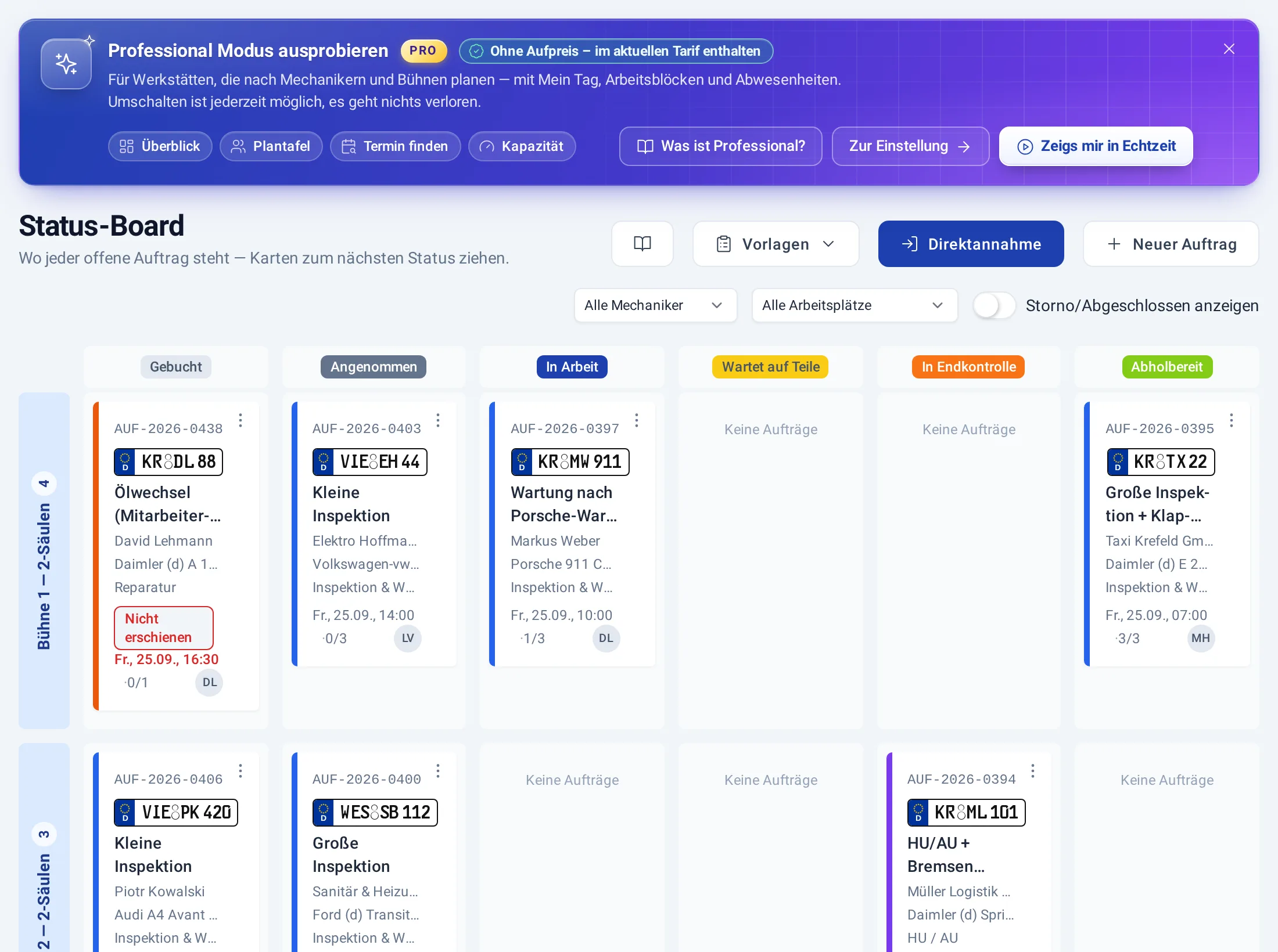 Status-Board mit Spalten von Gebucht bis Abholbereit und einer Zeile je Hebebühne