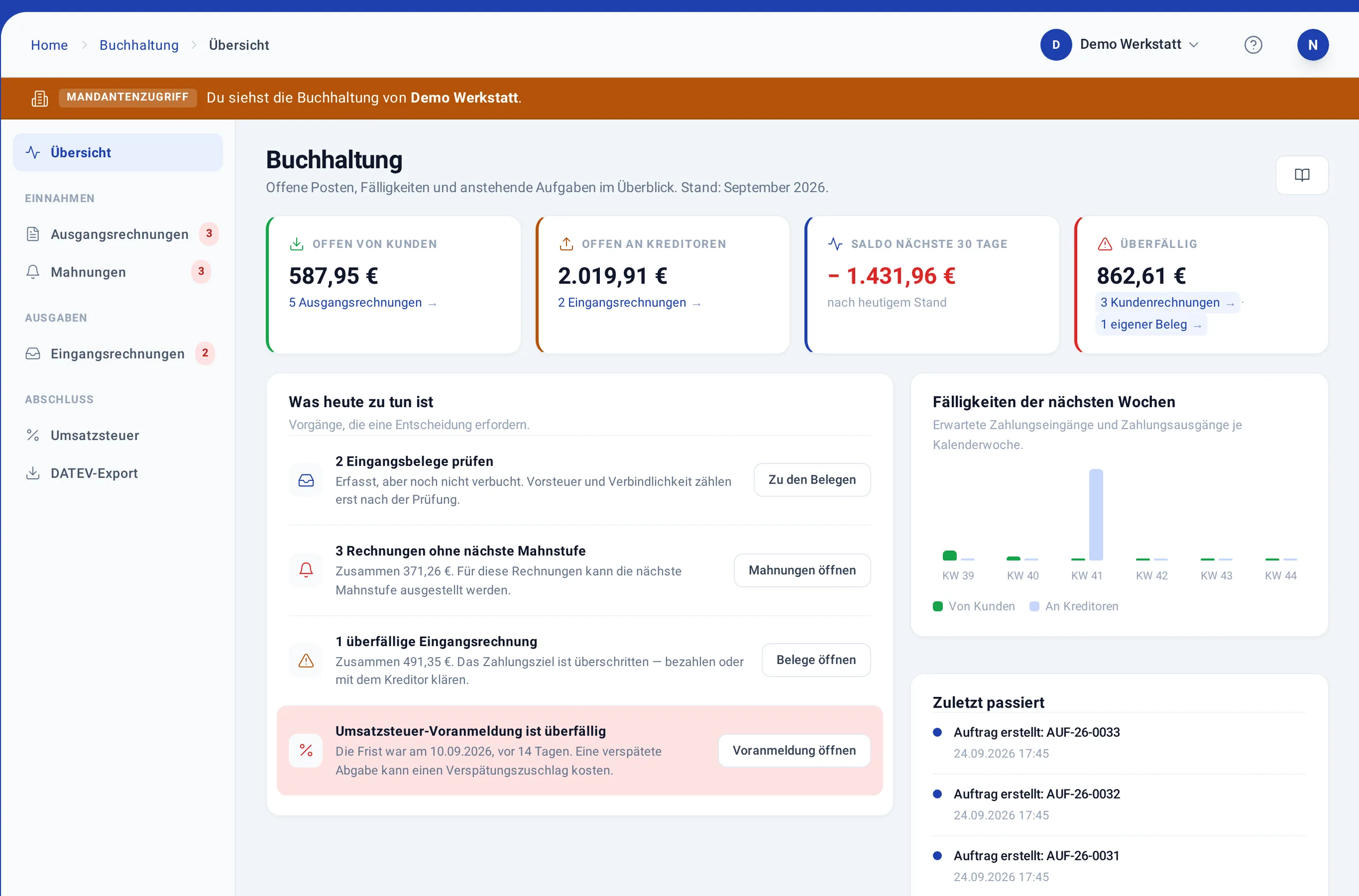Buchhaltungsübersicht einer Werkstatt in der Leseansicht des Steuerberaters