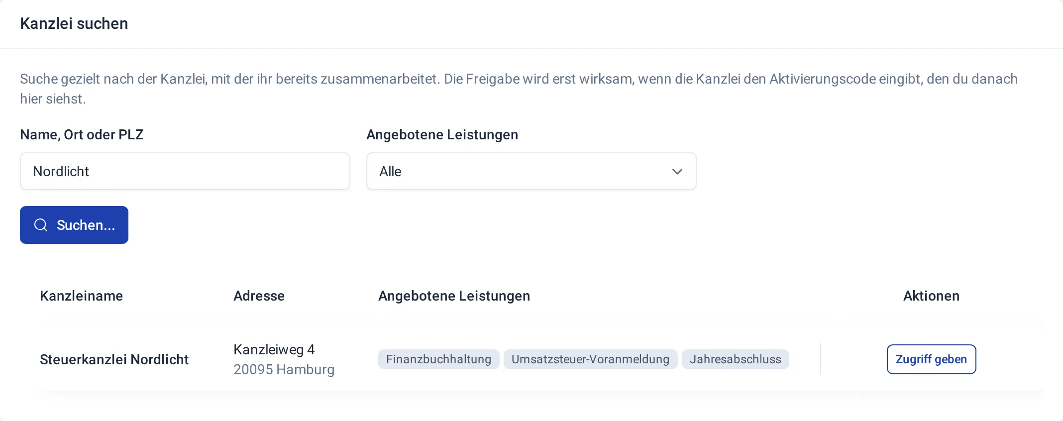Suche nach dem Steuerberater nach Name, Ort oder PLZ mit dem Knopf Zugriff geben